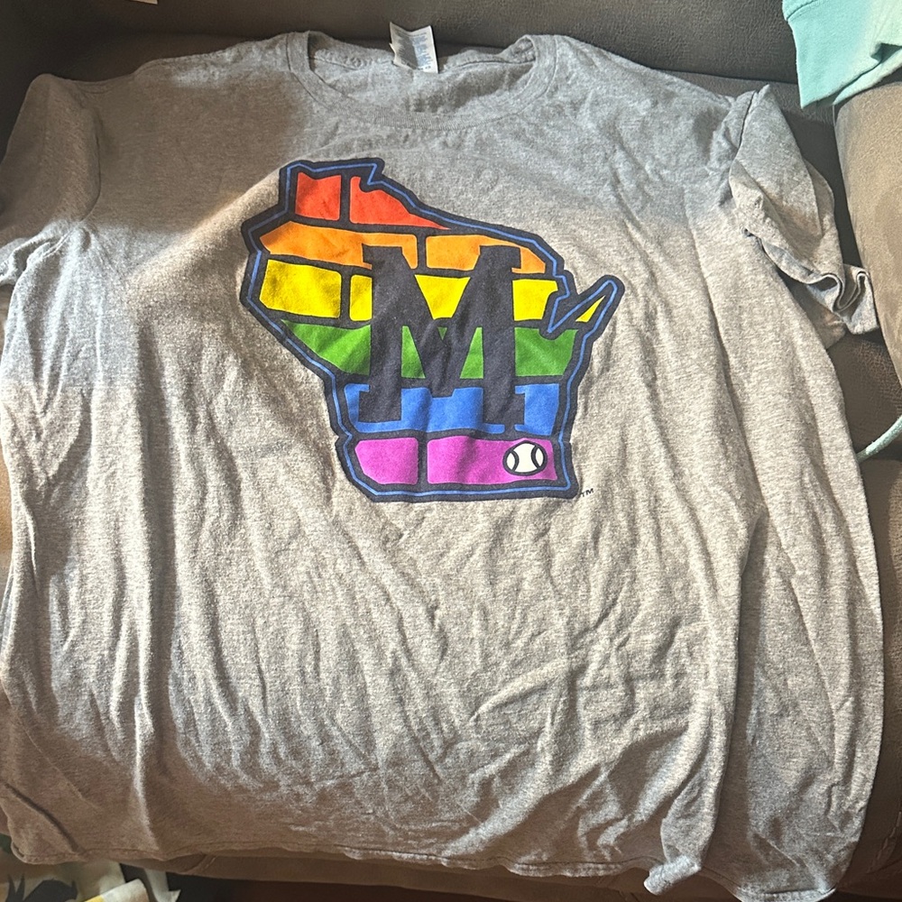 Gray Short Sleeve Tee with Rainbow Wisconsin M Graphic